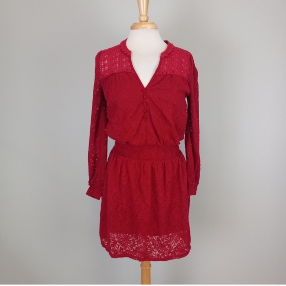 Anthropologie Dresses & Skirts - 🎀ANTHROPOLOGIE Leifnotes Red Lace Dress Crochet Knit Long Sleeve Holiday Small